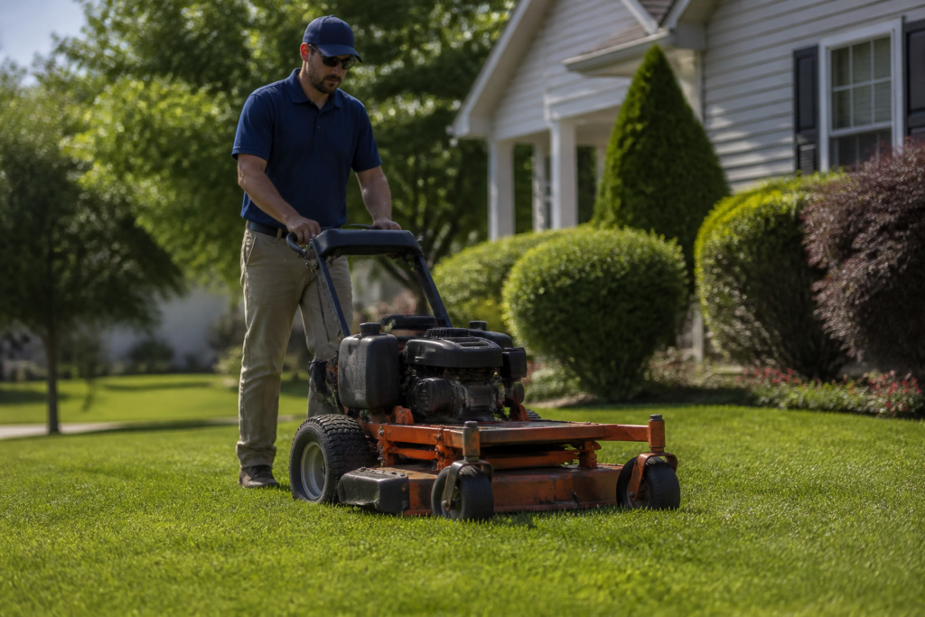 Lawn care contractor mowing a yard